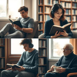 A captivating photo showcasing different types of introverted individuals in a serene library setting