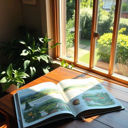 A cozy, sunlit room where a wooden desk filled with an open nature book is situated