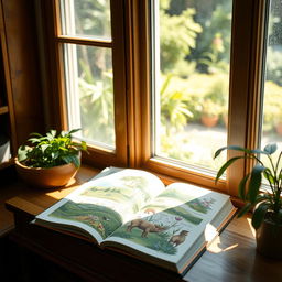 A cozy, sunlit room where a wooden desk filled with an open nature book is situated