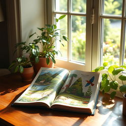 A cozy, sunlit room where a wooden desk filled with an open nature book is situated