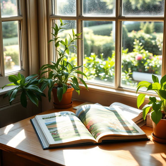 A cozy, sunlit room where a wooden desk filled with an open nature book is situated