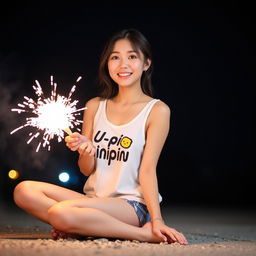 A beautiful Korean woman wearing a white tank top with an Upin-Ipin graphic, paired with shorts and flip-flops, sitting on the ground facing the camera with a gentle smile while holding a large firecracker