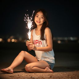 A beautiful Korean woman wearing a white tank top with an Upin-Ipin graphic, paired with shorts and flip-flops, sitting on the ground facing the camera with a gentle smile while holding a large firecracker