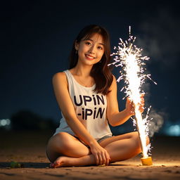 A beautiful Korean woman wearing a white tank top with an Upin-Ipin graphic, paired with shorts and flip-flops, sitting on the ground facing the camera with a gentle smile while holding a large firecracker