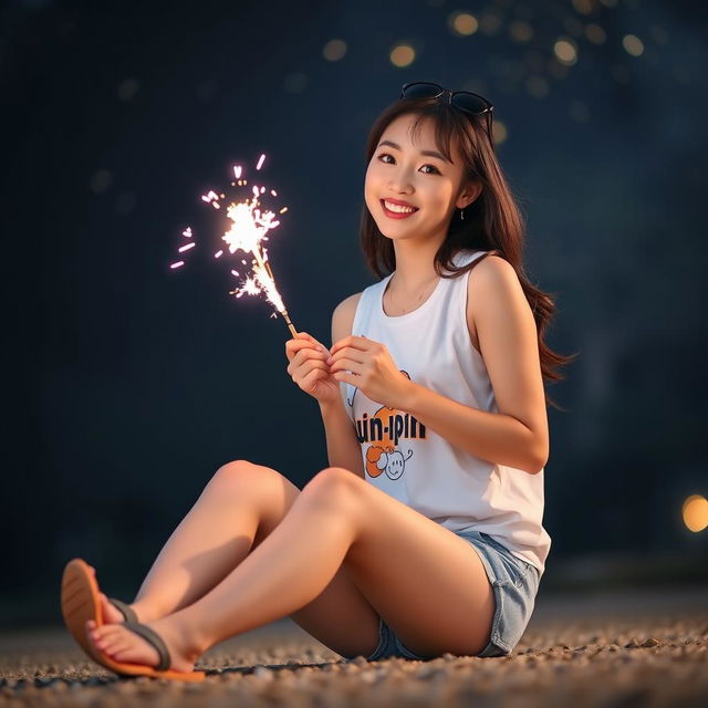 A beautiful Korean woman wearing a white tank top with an Upin-Ipin graphic, paired with shorts and flip-flops, sitting on the ground facing the camera with a gentle smile while holding a large firecracker