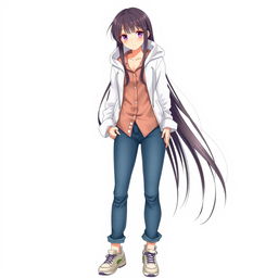 A beautiful tall anime model with long hair, set against a white background