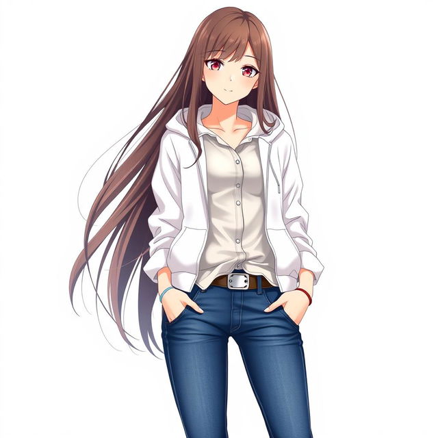 A beautiful tall anime model with long hair, set against a white background