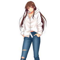 A beautiful tall anime model with long hair, set against a white background
