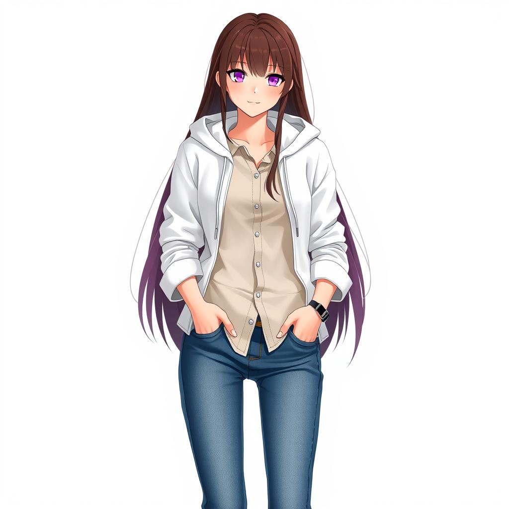 A beautiful tall anime model with long hair, set against a white background