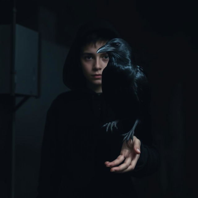 A mysterious, atmospheric scene featuring a boy wearing a black hoodie, standing in a dimly lit environment