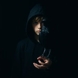 A mysterious, atmospheric scene featuring a boy wearing a black hoodie, standing in a dimly lit environment