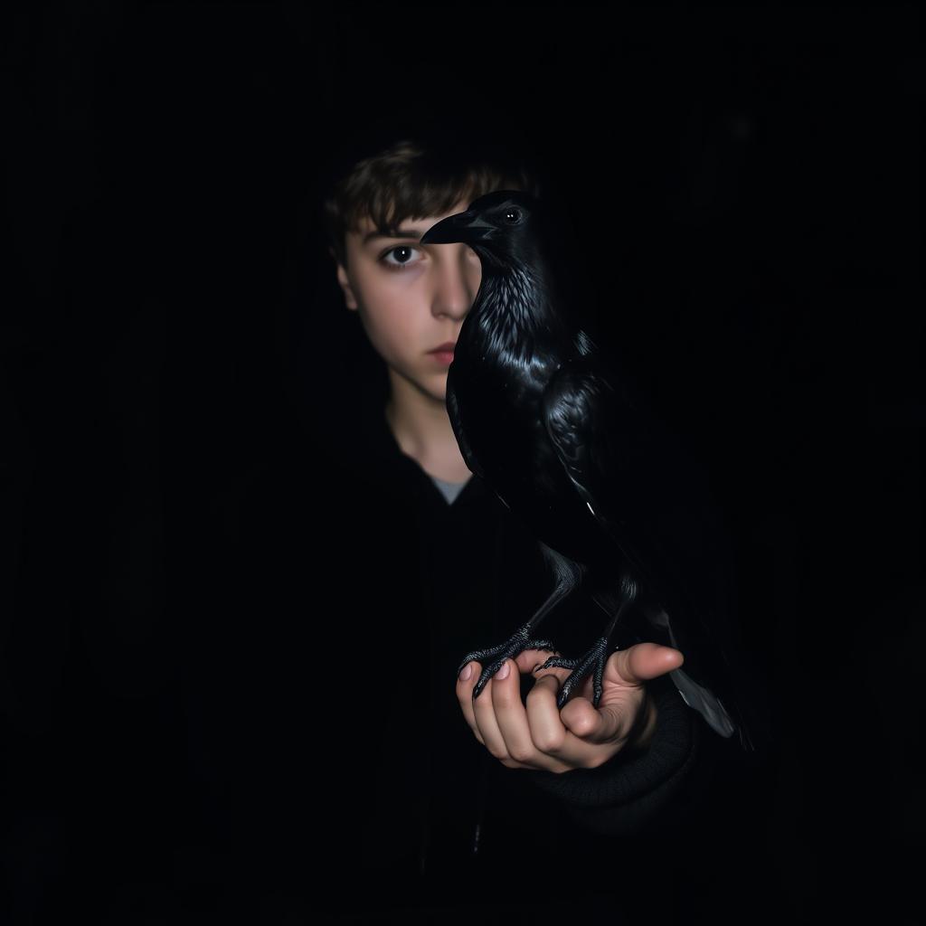 A mysterious, atmospheric scene featuring a boy wearing a black hoodie, standing in a dimly lit environment