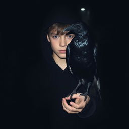 A mysterious, atmospheric scene featuring a boy wearing a black hoodie, standing in a dimly lit environment