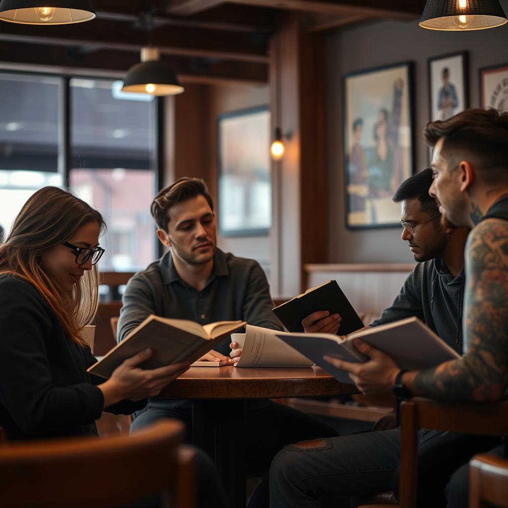 A serene setting showing a group of introverted individuals engaged in quiet, meaningful communication