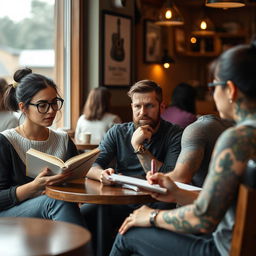 A serene setting showing a group of introverted individuals engaged in quiet, meaningful communication