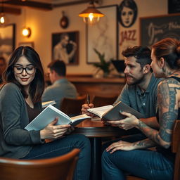 A serene setting showing a group of introverted individuals engaged in quiet, meaningful communication