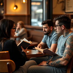 A serene setting showing a group of introverted individuals engaged in quiet, meaningful communication