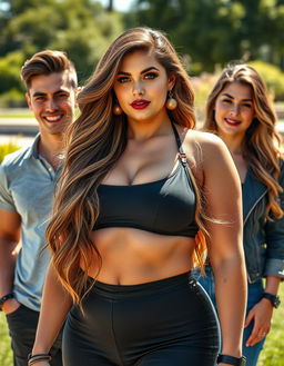 An extremely sexy, voluptuous woman in the foreground, portraying the archetype of a confident and alluring MILF