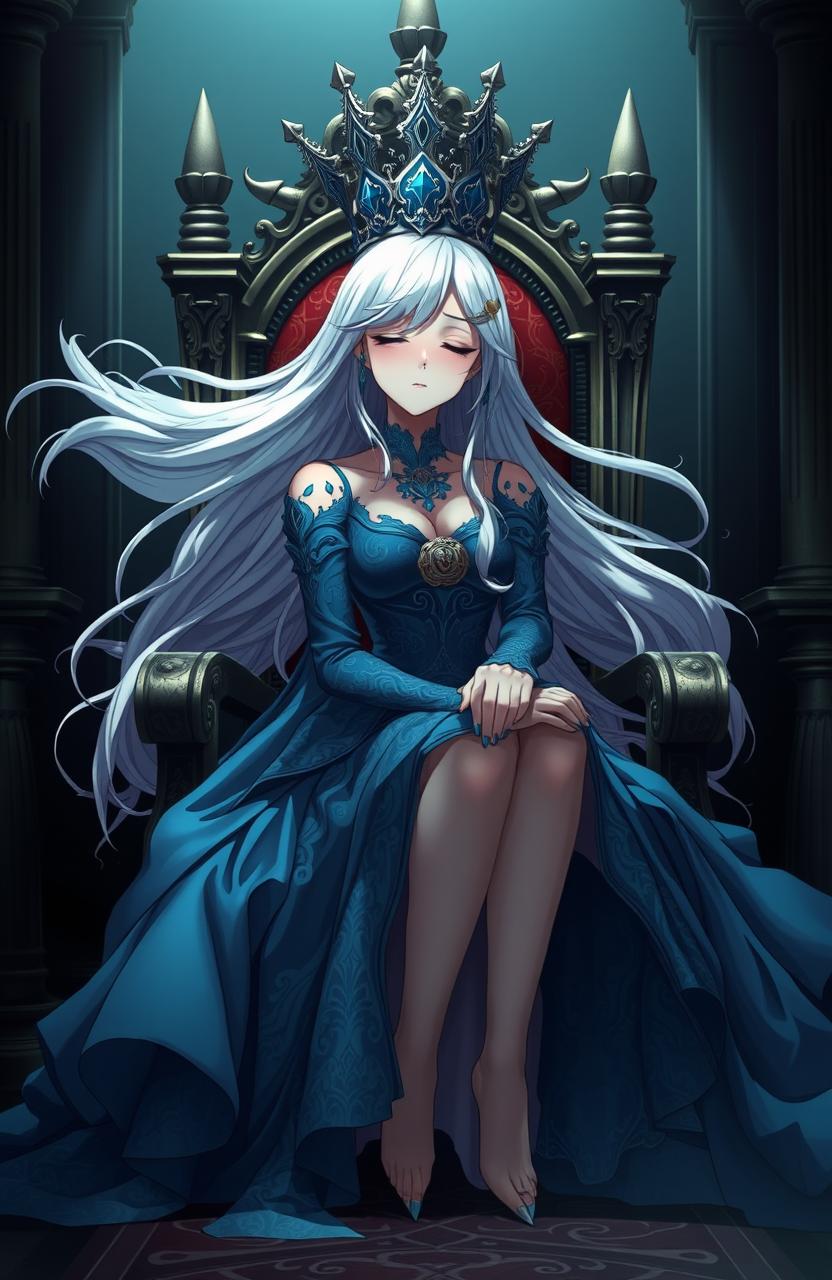 A woman with flowing white hair sitting elegantly on a royal throne in a dimly lit throne room