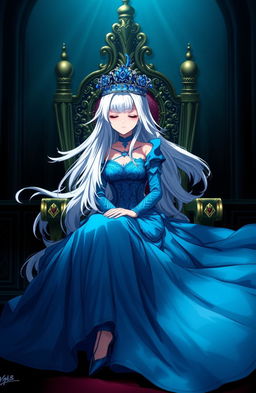 A woman with flowing white hair sitting elegantly on a royal throne in a dimly lit throne room