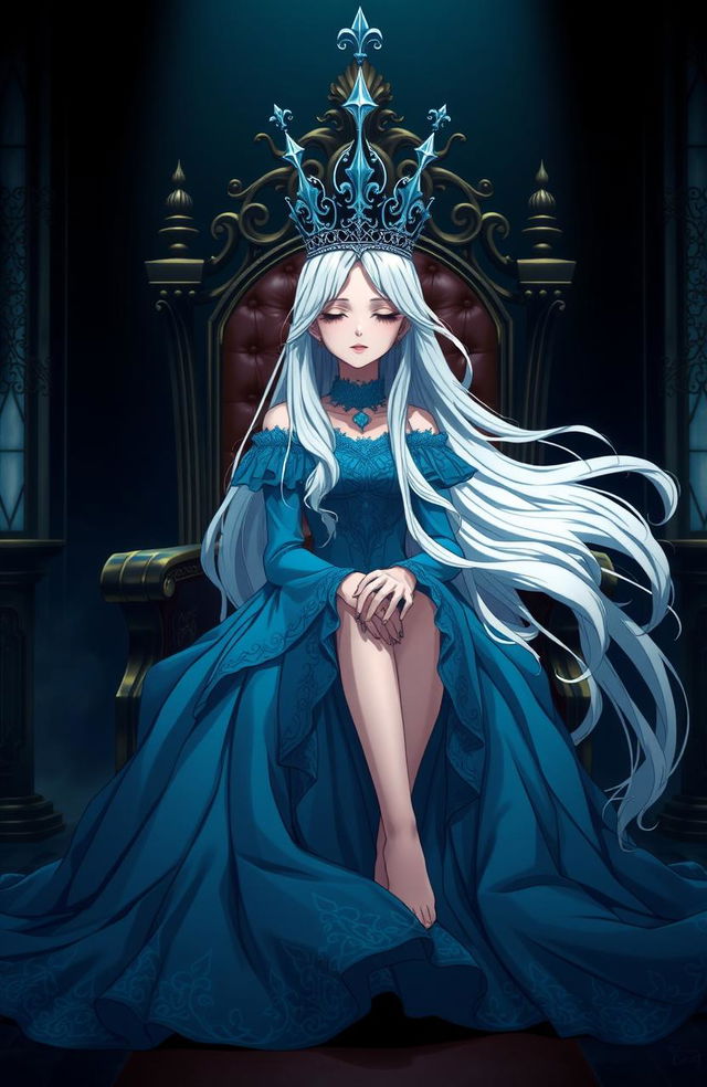 A woman with flowing white hair sitting elegantly on a royal throne in a dimly lit throne room