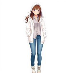 A tall and beautiful anime model with a white hoodie over a button-up shirt, featuring a collar
