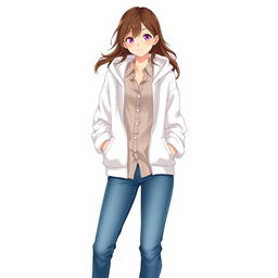 A tall and beautiful anime model with a white hoodie over a button-up shirt, featuring a collar