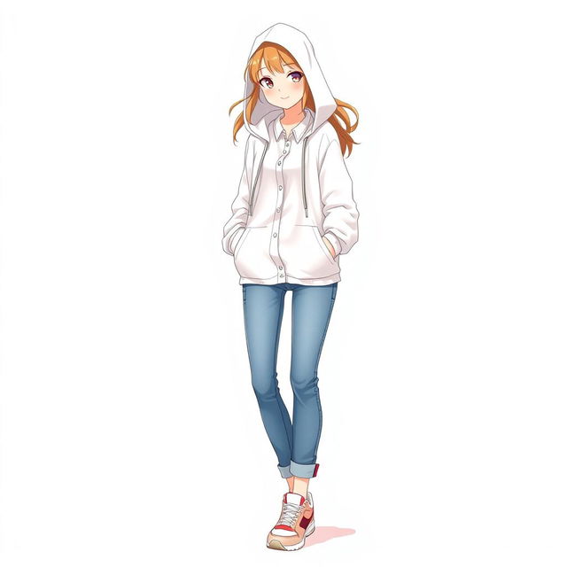 A tall and beautiful anime model with a white hoodie over a button-up shirt, featuring a collar
