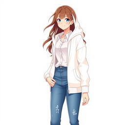 A tall and beautiful anime model with a white hoodie over a button-up shirt, featuring a collar