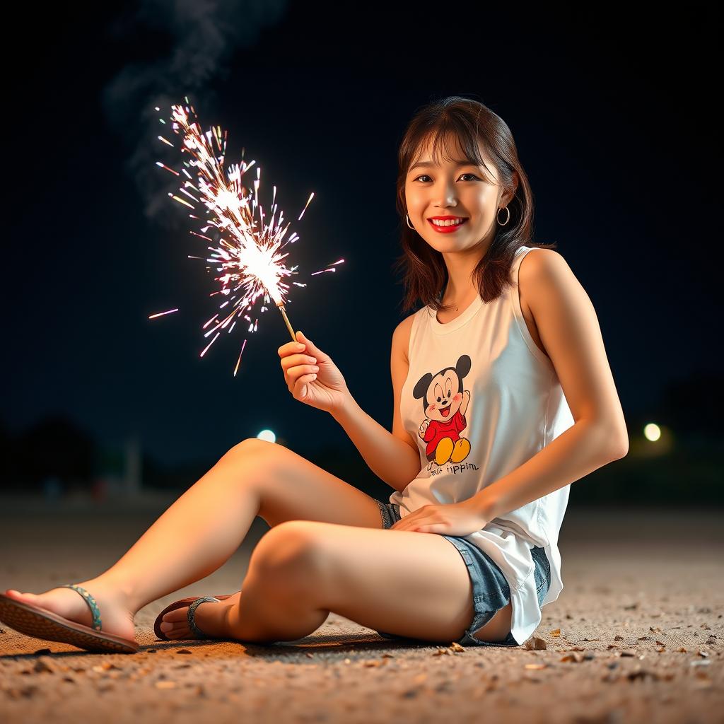 A beautiful Korean woman wearing a white tank top featuring a picture of Upin-ipin, paired with shorts and flip flops, sitting on the ground facing the camera with a gentle smile, holding a large firecracker