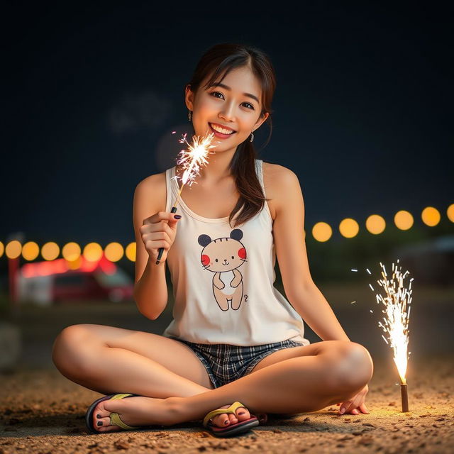 A beautiful Korean woman wearing a white tank top featuring a picture of Upin-ipin, paired with shorts and flip flops, sitting on the ground facing the camera with a gentle smile, holding a large firecracker