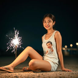 A beautiful Korean woman wearing a white tank top featuring a picture of Upin-ipin, paired with shorts and flip flops, sitting on the ground facing the camera with a gentle smile, holding a large firecracker