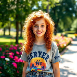A teenager with vibrant ginger curly hair and bright blue eyes, standing in a sunny outdoor setting