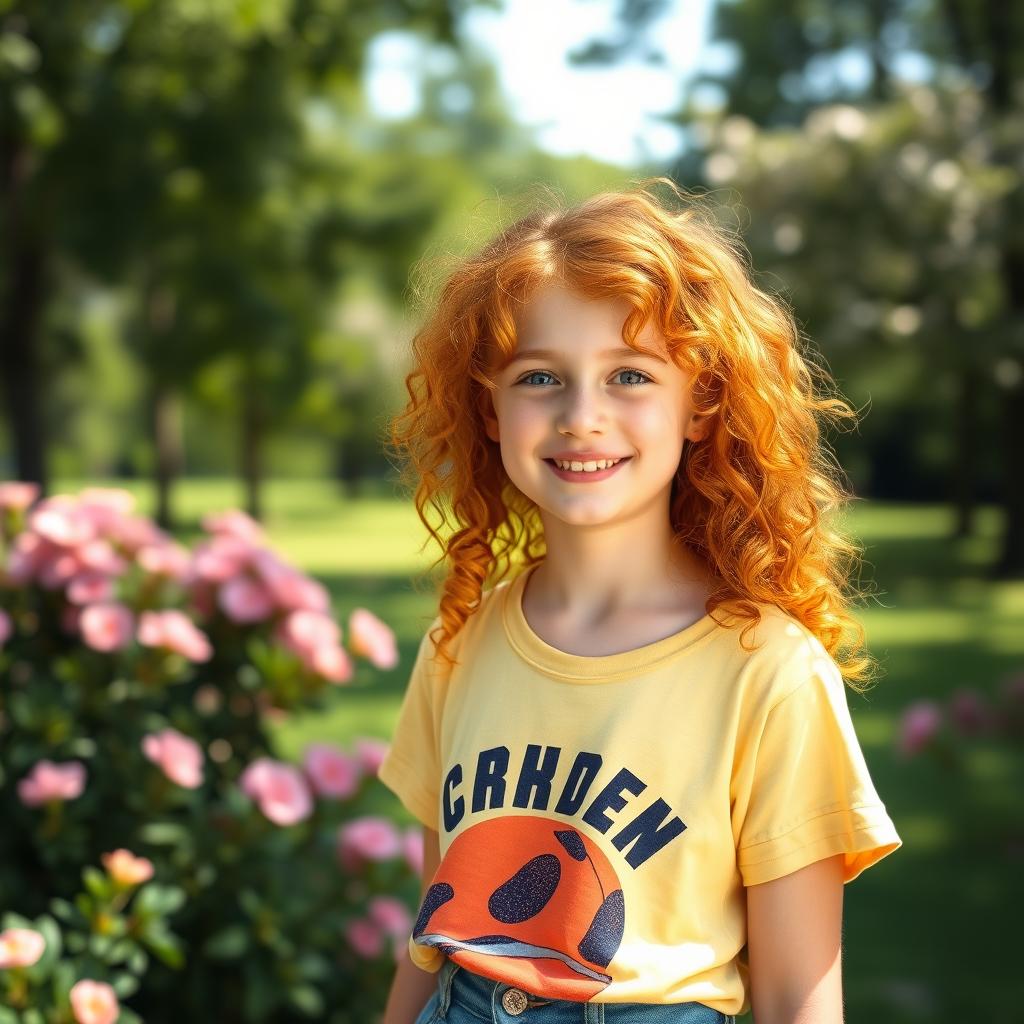 A teenager with vibrant ginger curly hair and bright blue eyes, standing in a sunny outdoor setting