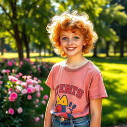A teenager with vibrant ginger curly hair and bright blue eyes, standing in a sunny outdoor setting