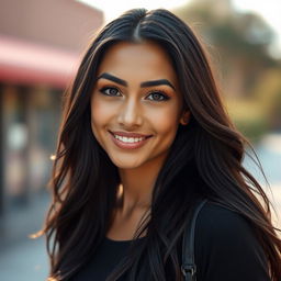 a highly detailed, beautifully enhanced portrait of a confident and striking woman with long, flowing dark hair, wearing a casual yet stylish outfit that complements her figure, set against a softly blurred outdoor background with warm, natural lighting that highlights her features, giving an inviting and approachable vibe