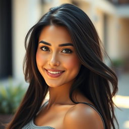 a highly detailed, beautifully enhanced portrait of a confident and striking woman with long, flowing dark hair, wearing a casual yet stylish outfit that complements her figure, set against a softly blurred outdoor background with warm, natural lighting that highlights her features, giving an inviting and approachable vibe