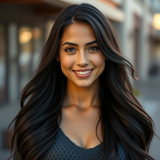 a highly detailed, beautifully enhanced portrait of a confident and striking woman with long, flowing dark hair, wearing a casual yet stylish outfit that complements her figure, set against a softly blurred outdoor background with warm, natural lighting that highlights her features, giving an inviting and approachable vibe