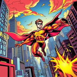 A dynamic comic book cover featuring a powerful superhero in action