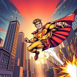 A dynamic comic book cover featuring a powerful superhero in action