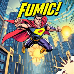 A dynamic comic book cover featuring a powerful superhero in action