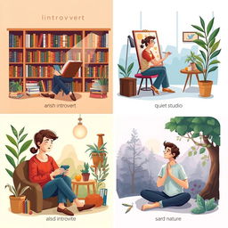 A visually captivating and informative illustration showcasing different types of introverts in various settings