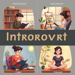 A visually captivating and informative illustration showcasing different types of introverts in various settings