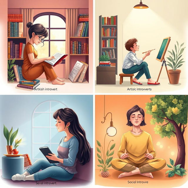 A visually captivating and informative illustration showcasing different types of introverts in various settings