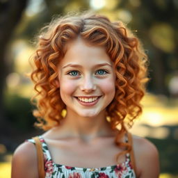 A portrait of a 17-year-old girl with vibrant ginger curly hair, smiling joyfully