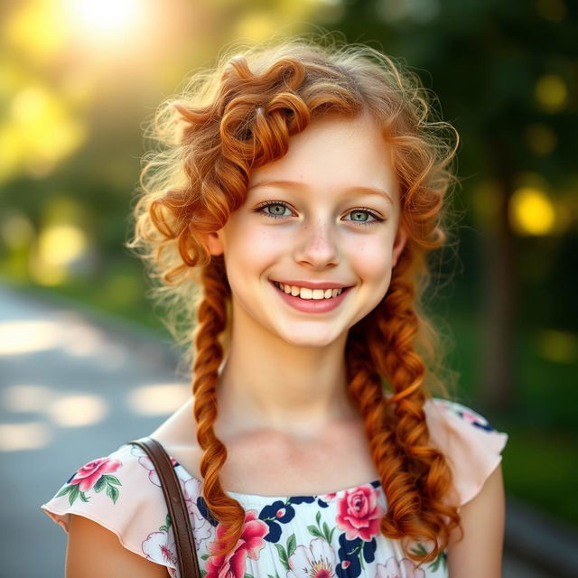 A portrait of a 17-year-old girl with vibrant ginger curly hair, smiling joyfully