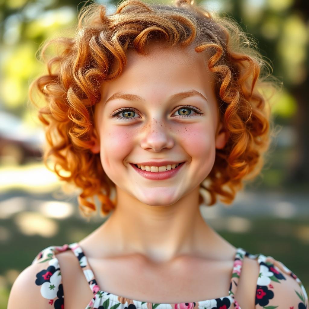 A portrait of a 17-year-old girl with vibrant ginger curly hair, smiling joyfully