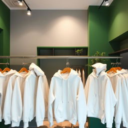 A clothing store interior featuring stylish white hoodies displayed on elegant racks
