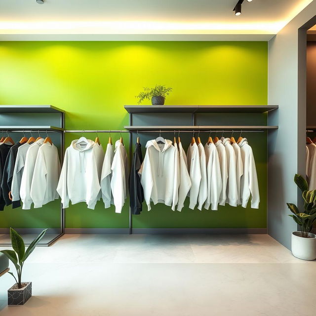 A clothing store interior featuring stylish white hoodies displayed on elegant racks