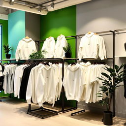 A clothing store interior featuring stylish white hoodies displayed on elegant racks